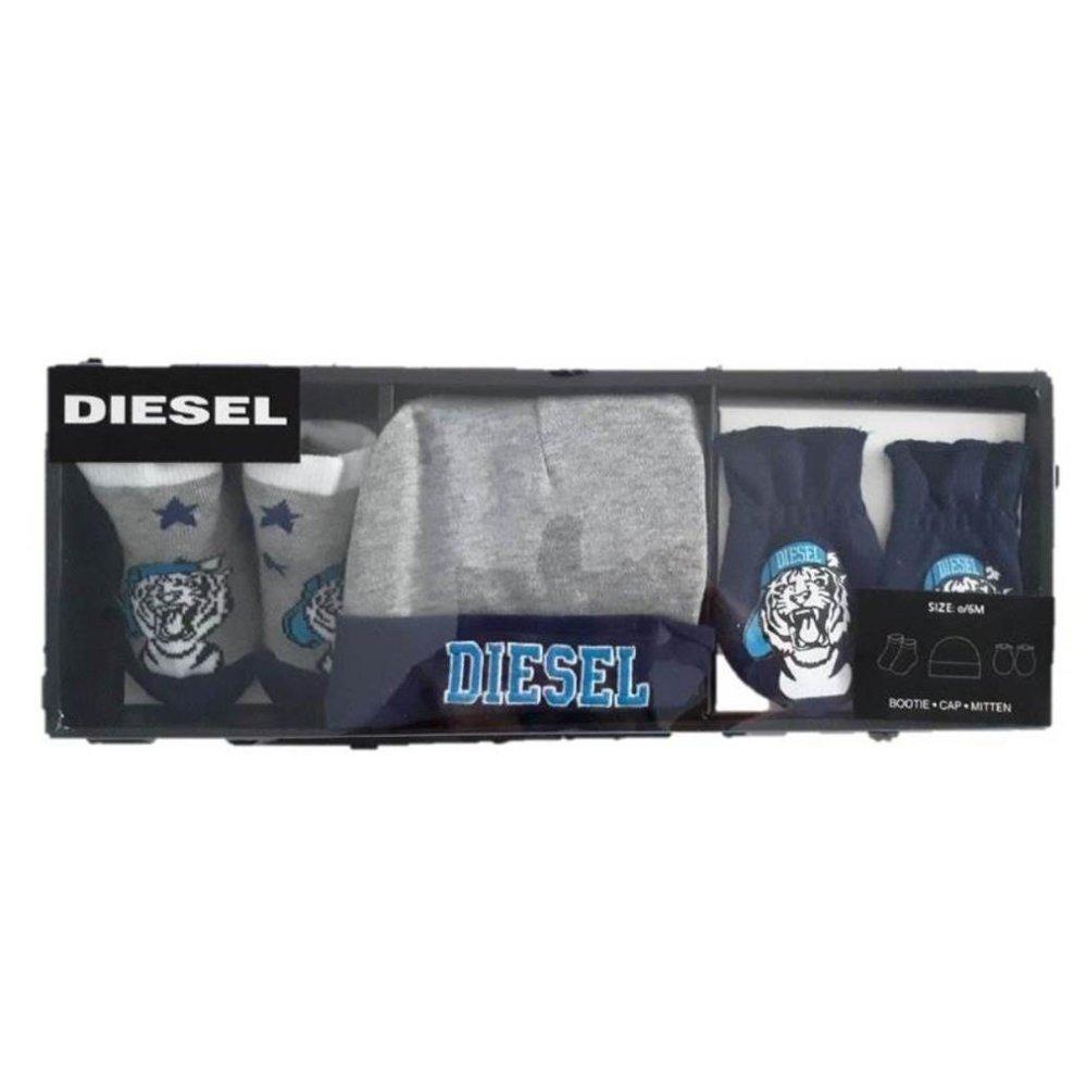 DIESEL Baby Boy 3-PACK GIFT SET Cap - Mittens & Bootie Heather Grey / Blue 0-6M